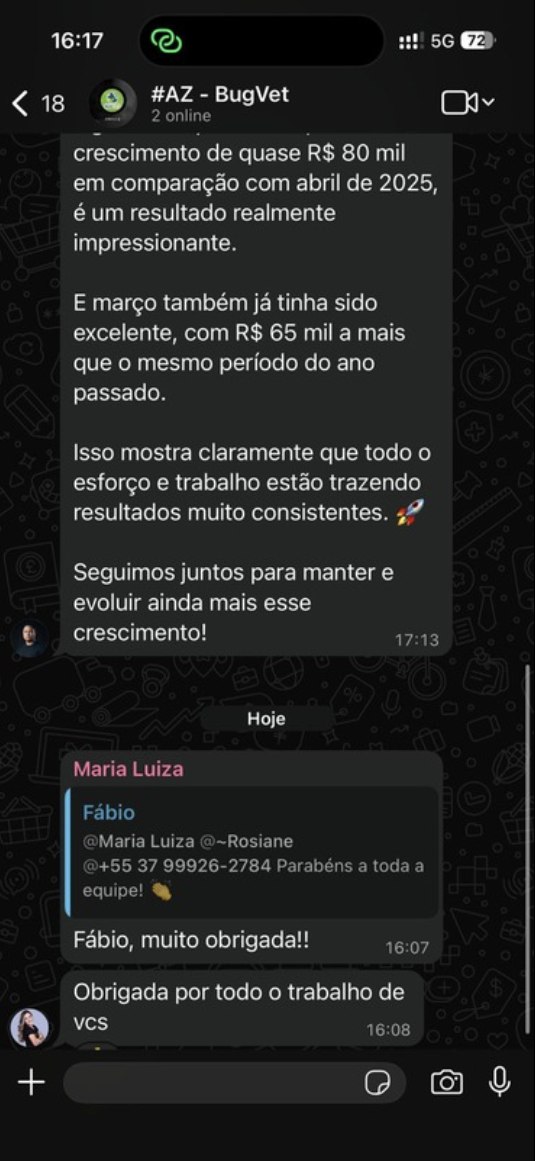 Cliente agradecendo o crescimento no grupo do WhatsApp